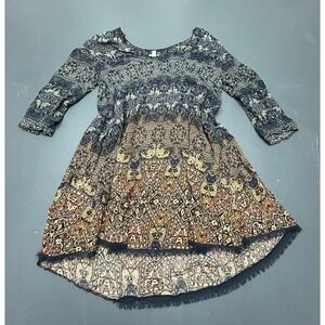 Ecote Dress Women's Small Blue Boho Geometric Print 3/4 Sleeve Hi Low Hem Mini